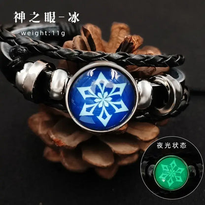 Black braided leather genshin impact element leather bracelet with blue white snowflake charm and silver metal beads