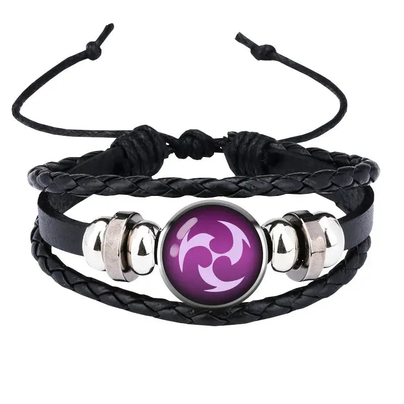 Black braided leather genshin impact vision bracelet with purple charm and silver beads element leather bangle