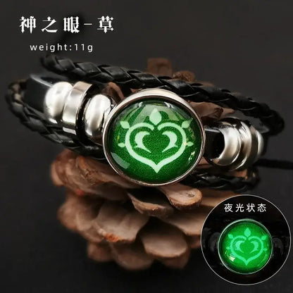 Black braided leather bracelet with green glowing charm and silver beads from genshin impact element leather collection