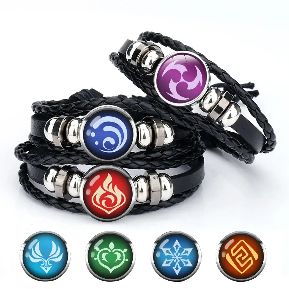 Black braided element leather genshin impact bracelet with circular metal charms featuring colorful elemental symbols