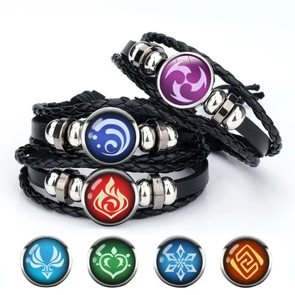 Black braided element leather genshin impact bracelet with circular metal charms featuring colorful elemental symbols