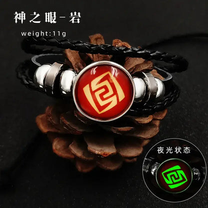 Black braided leather genshin impact vision bracelet featuring red and gold emblem with silver metal accents element leather