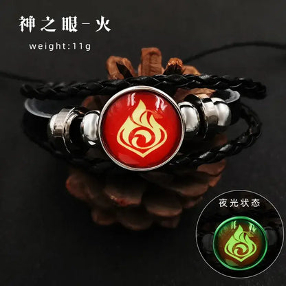 Black braided leather genshin impact element leather bracelet with circular red and gold flame emblem and silver accents