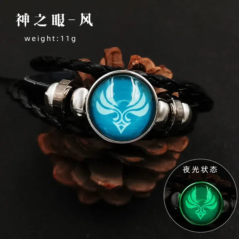 Black braided leather genshin impact vision bracelet with turquoise emblem and silver-toned clasps element leather bangle