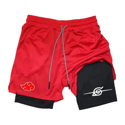 Red and black ghost annihilation blade double layer shorts with red cloud and white spiral, quick-dry and silver drawstrings