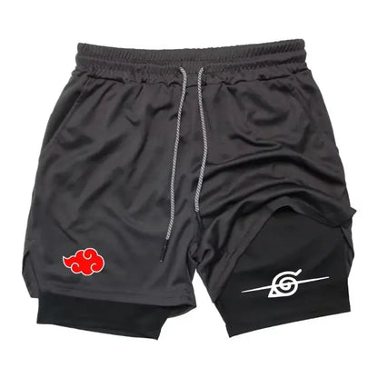 Black ghost annihilation blade double layer shorts with red cloud and white spiral emblems and silver drawstrings
