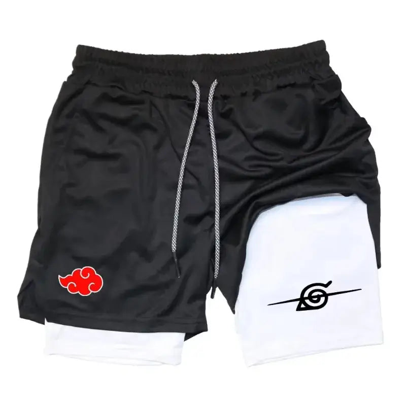 Black and white ghost annihilation blade double layer shorts with red cloud and black spiral emblems and silver drawstrings