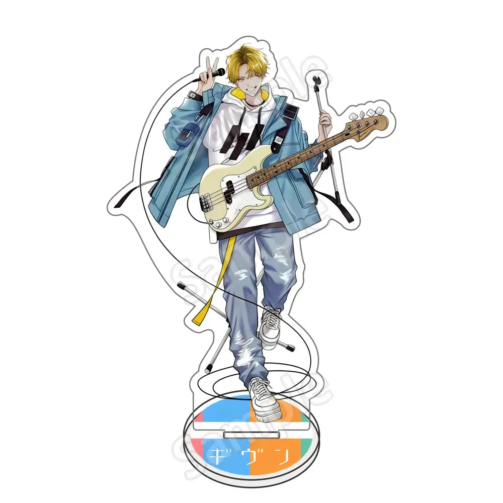 Clear acrylic stand of satou mafuyu with blonde hair wearing blue jacket holding cream bass guitar 15cm desk decor