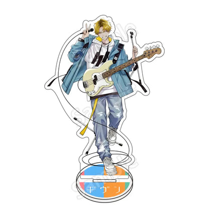 Clear acrylic stand of satou mafuyu with blonde hair wearing blue jacket holding cream bass guitar 15cm desk decor