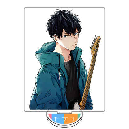 Satou mafuyu acrylic stand featuring blue anime character holding guitar on colorful acrylic base for desk decor