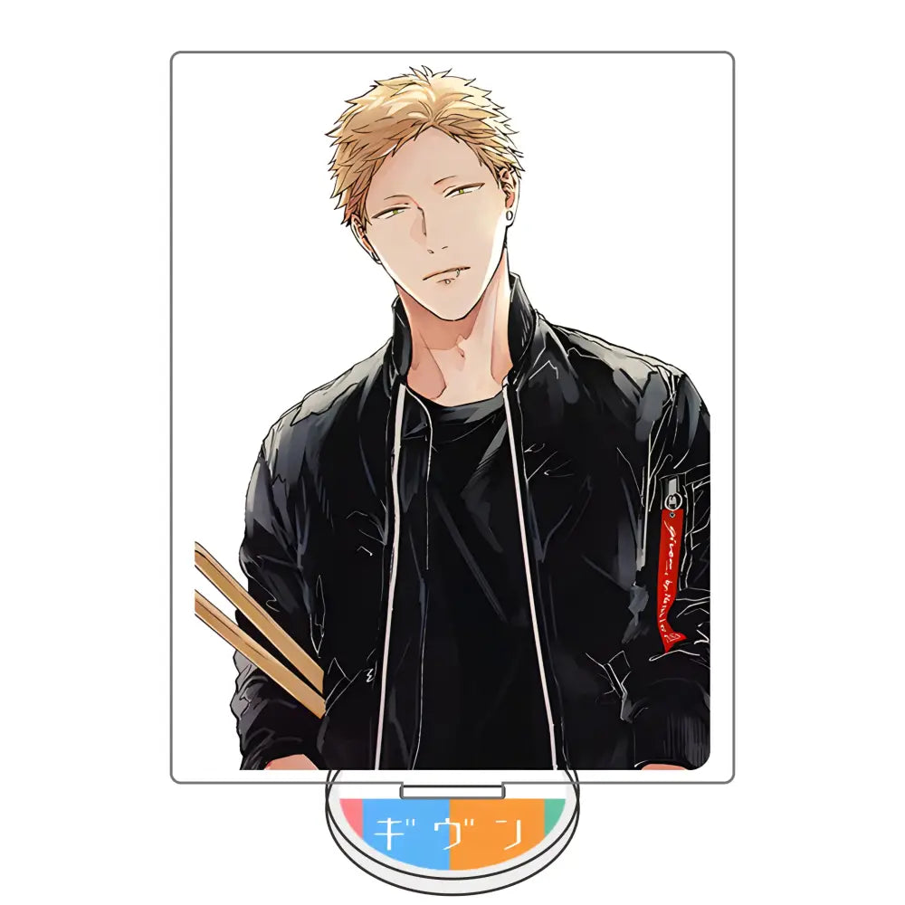 Black bomber jacket with red zipper pull and white drawstrings featuring stylized satou mafuyu acrylic stand anime design