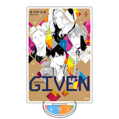 Satou mafuyu acrylic stand features vibrant geometric design with black-and-white anime art on a tan background for desk decor