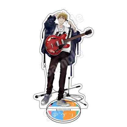 Red electric guitar with black pickguard held by satou mafuyu acrylic stand figure for desk decor 15cm tall