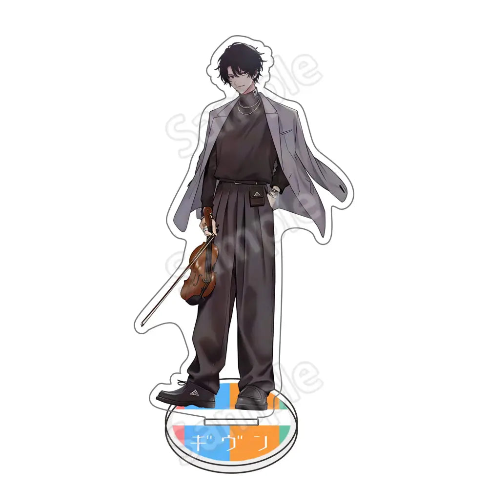 Gray satou mafuyu acrylic stand featuring a stylish figure holding a violin on a colorful circular base for desk decor