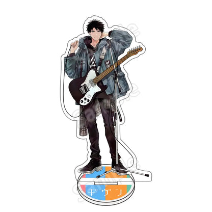 An acrylic standee of satou mafuyu holding a white electric guitar wearing a gray jacket in a mafuyu acrylic stand