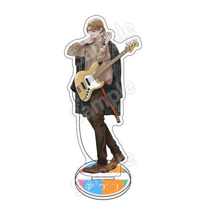 Satou mafuyu acrylic stand featuring an anime character with light brown hair holding a wood-finish bass guitar in plaid coat