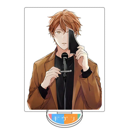 Satou mafuyu acrylic stand featuring brown jacketed anime character holding black smartphone beside microphone on acrylic base