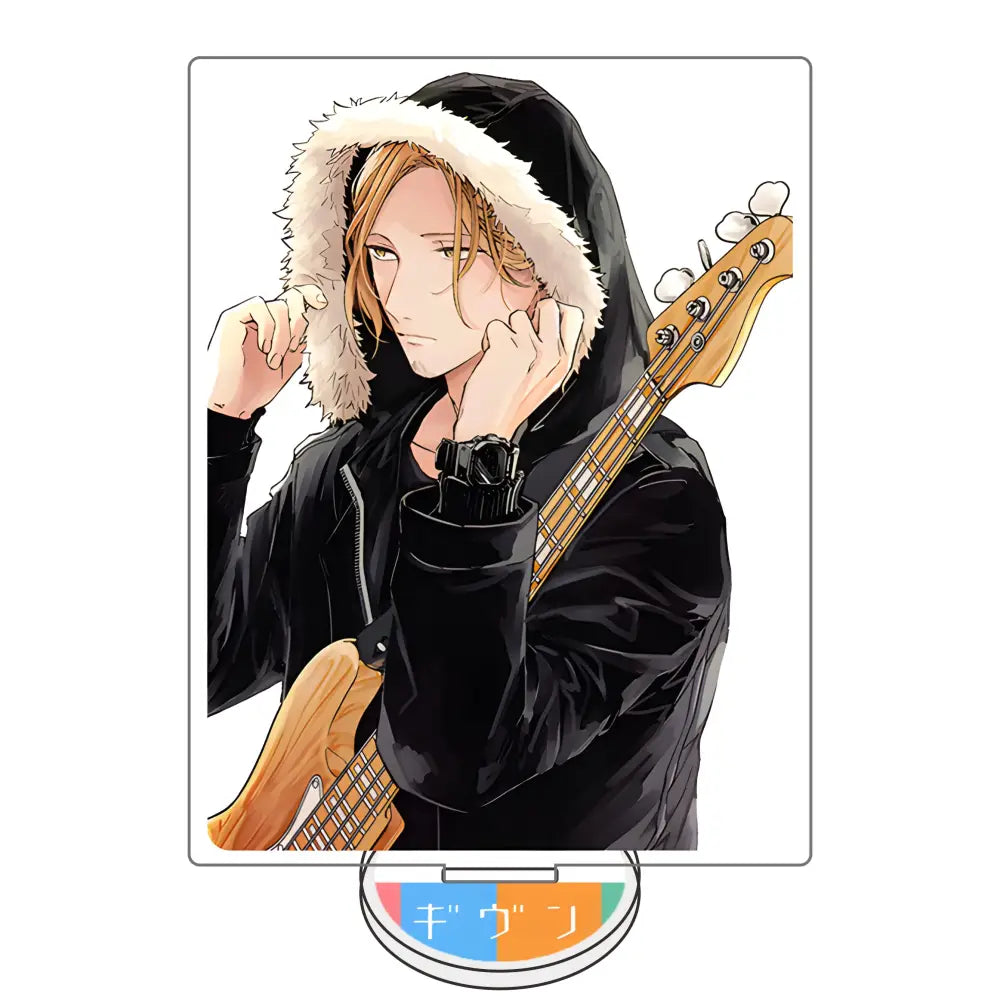 Given satou mafuyu acrylic stand featuring black hooded jacket with white fur-lined hood and wooden bass guitar detail