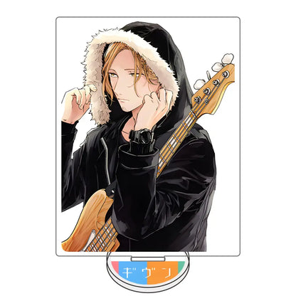 Given satou mafuyu acrylic stand featuring black hooded jacket with white fur-lined hood and wooden bass guitar detail