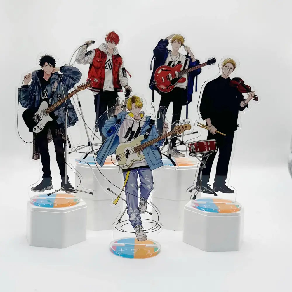 Clear acrylic mafuyu acrylic stand featuring satou mafuyu with blonde hair in blue jacket holding beige bass guitar