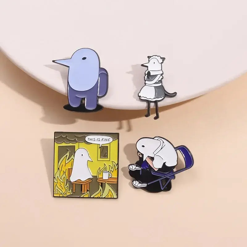 Set of four colorful enamel pins featuring goodnight punpun cartoon characters including a punpun enamel pin design