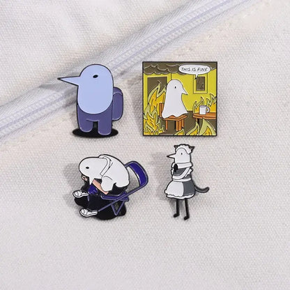 Set of four colorful metal goodnight punpun enamel pins featuring cartoon characters in various poses and designs