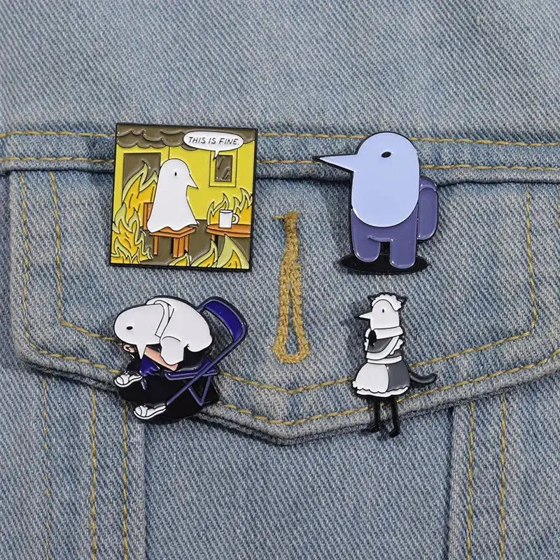 Set of four metal goodnight punpun enamel pins featuring cartoon characters including a ghost and crewmate designs
