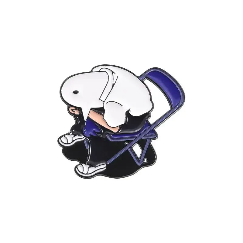 White snoopy goodnight punpun enamel pin metal brooch sitting on blue folding chair punpun enamel pin