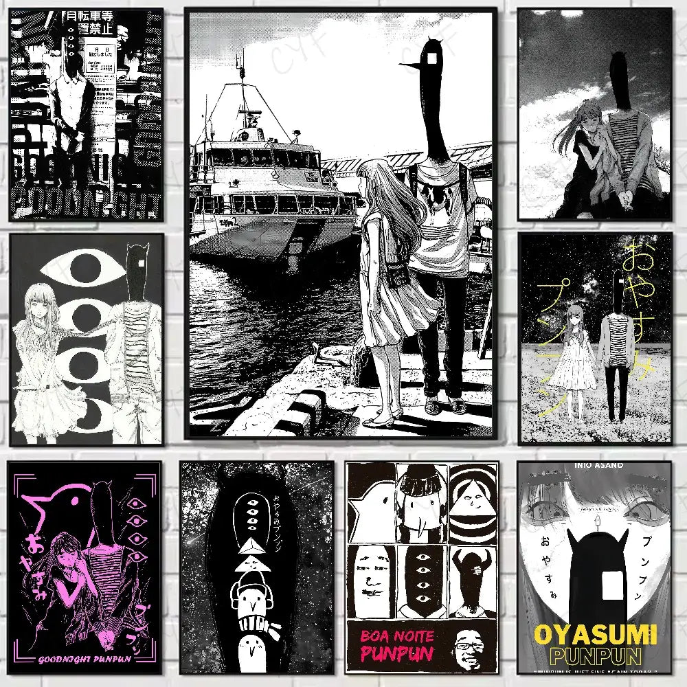 Black-and-white and pink goodnight punpun waterproof poster wall art featuring anime characters on a white brick wall