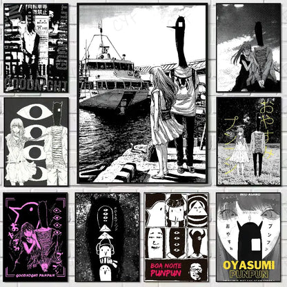 Black-and-white and pink goodnight punpun waterproof poster wall art featuring anime characters on a white brick wall
