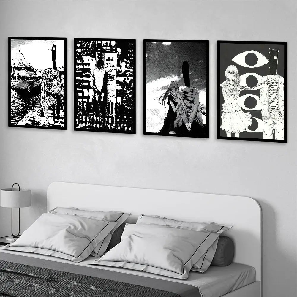 Four black-framed monochrome anime-style goodnight punpun wall art waterproof poster prints featuring urban scenes