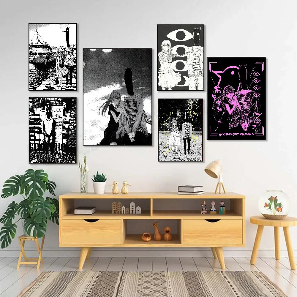 Set of six framed goodnight punpun waterproof poster wall art with black white and pink anime and manga designs