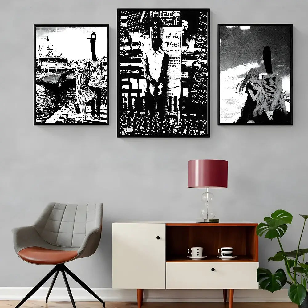 A sleek table lamp with a matte burgundy shade and glass base beside goodnight punpun waterproof poster wall art