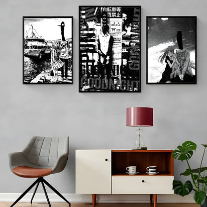 A sleek table lamp with a matte burgundy shade and glass base beside goodnight punpun waterproof poster wall art