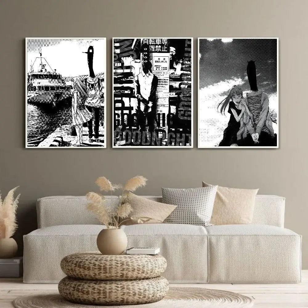 Three black and white framed goodnight punpun waterproof poster wall art prints with elongated neck characters above sofa