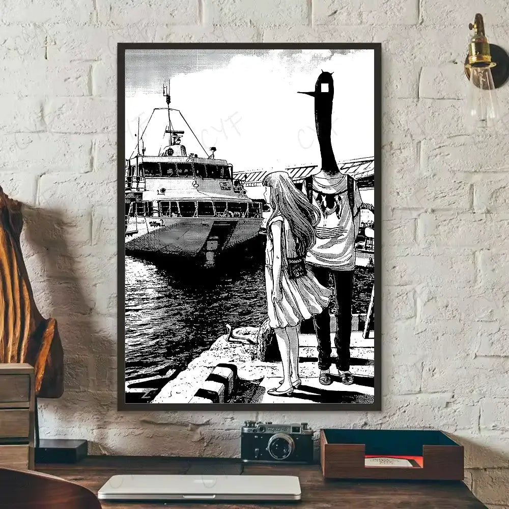 Black-and-white framed goodnight punpun manga art print featuring a girl and bird-headed figure by dock waterproof poster wall art