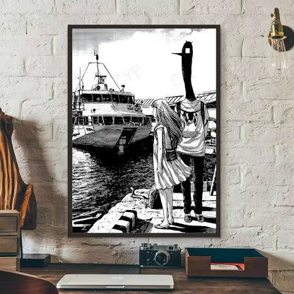 Black-and-white framed goodnight punpun manga art print featuring a girl and bird-headed figure by dock waterproof poster wall art