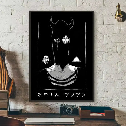 Black-framed goodnight punpun waterproof poster wall art featuring a stylized horned figure with geometric patterns and japanese text