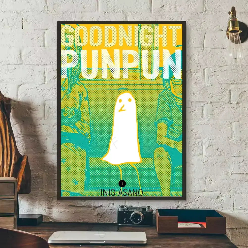 Vibrant yellow and teal goodnight punpun waterproof poster featuring white ghost wall art framed in black