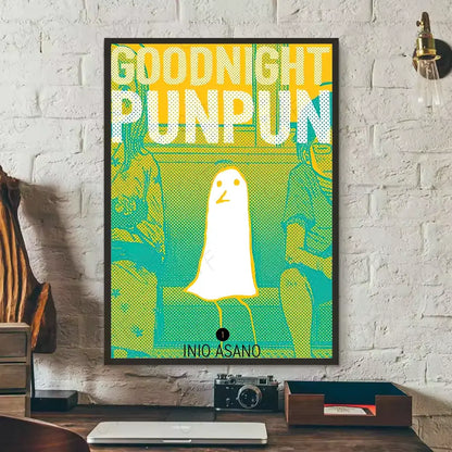 Vibrant yellow and teal goodnight punpun waterproof poster featuring white ghost wall art framed in black