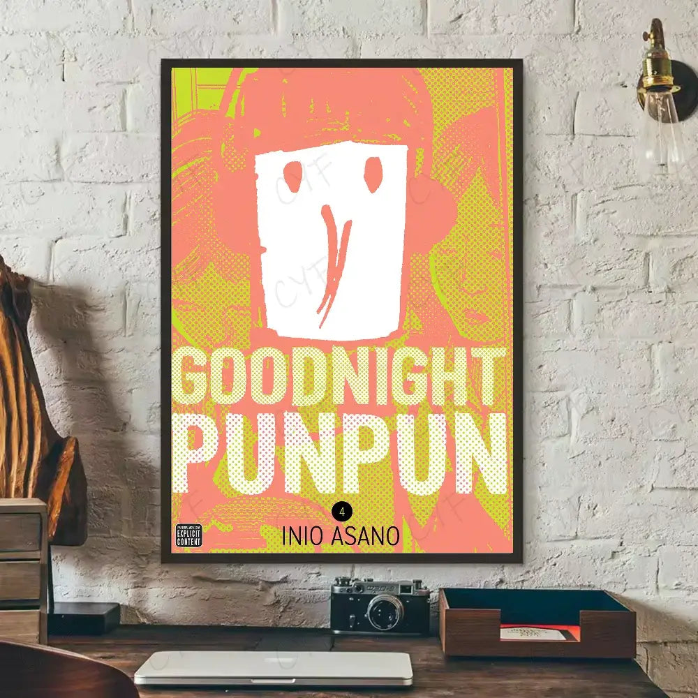 A vibrant coral and lime green goodnight punpun waterproof poster wall art featuring a white ghost figure by inio asano