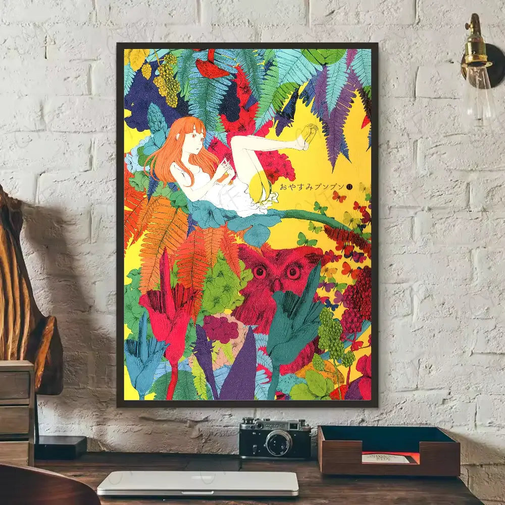 Vibrant anime-style red-haired woman with owl in colorful foliage on goodnight punpun waterproof poster wall art