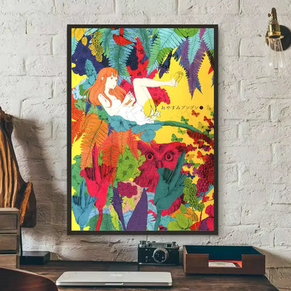 Vibrant anime-style red-haired woman with owl in colorful foliage on goodnight punpun waterproof poster wall art