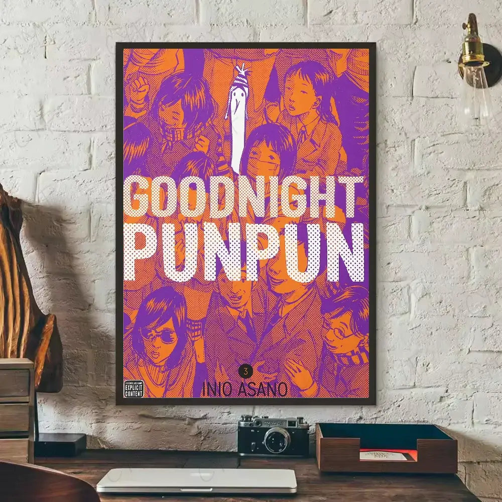 Vibrant purple and orange goodnight punpun waterproof poster framed in black wall art by inio asano