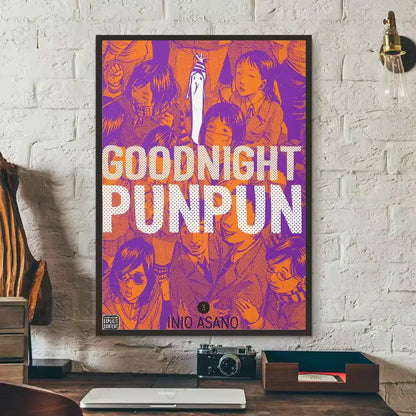 Vibrant purple and orange goodnight punpun waterproof poster framed in black wall art by inio asano