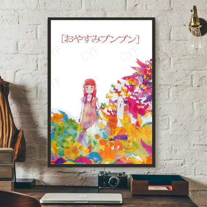 Framed waterproof poster wall art featuring a watercolor red-haired girl in pink dress from goodnight punpun