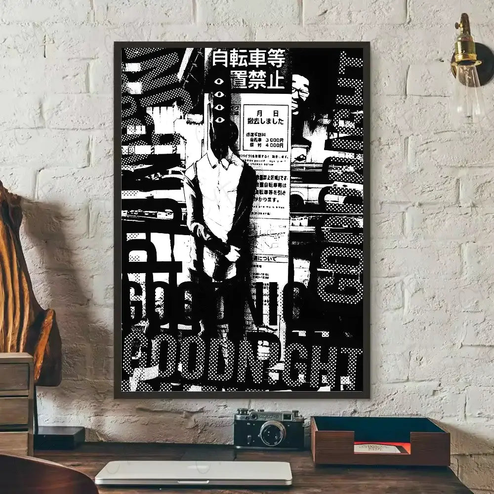Black and white goodnight punpun waterproof poster wall art with bold typography and stylized illustrations in dark frame