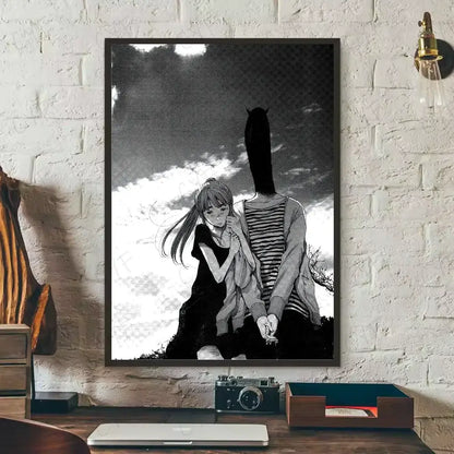 Black and white framed goodnight punpun wall art featuring a girl and horse head figure waterproof poster mounted