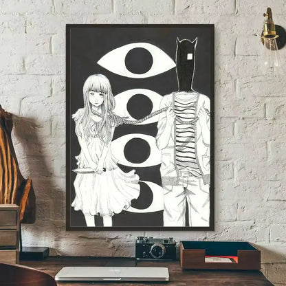 Black-framed goodnight punpun waterproof poster wall art featuring white line drawing of two characters with stylized eyes background