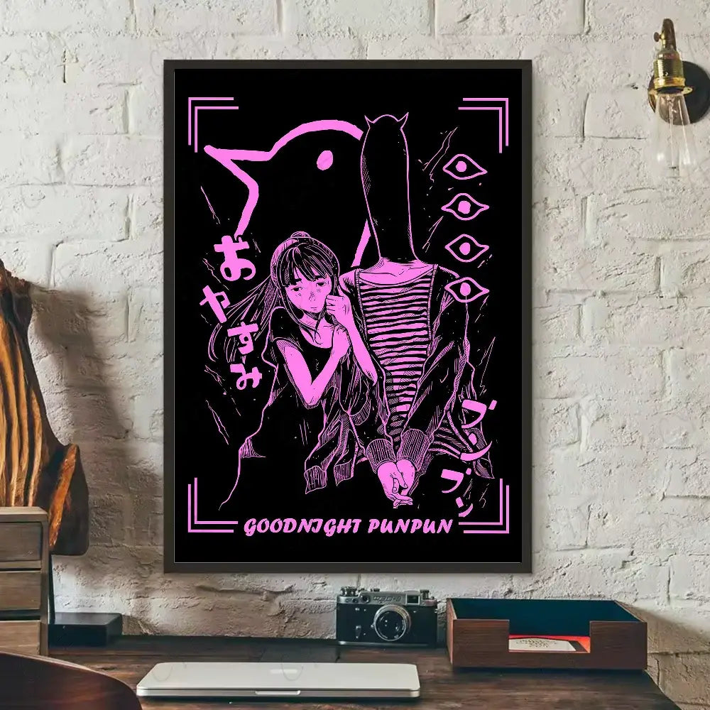 A framed black goodnight punpun wall art waterproof poster with vibrant pink anime-style characters at the bottom